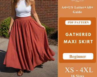 Verzamelde maxi-rok naaipatroon pdf, cirkelrok over de volledige lengte met tailleband, gevoerde geweven rok, beginnersvriendelijke digitale download