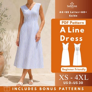 May include: A sleeveless A-line dress with a white and blue vertical striped pattern, featuring a V-neckline and a midi-length skirt. The image includes text for a PDF pattern guide, sizes XS-4XL, US 0-30, and mentions bonus patterns.