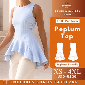 May include: A sleeveless peplum top with a light blue and white vertical stripe pattern, featuring a round neckline, gathered side detailing, and a high-low hemline. The image includes text: SoftPrint LAB, PDF Pattern Peplum Top, XS-4XL, US 0-US 30.
