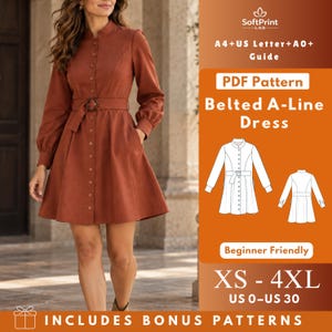Belted A-Line Dress PDF Sewing Pattern, Womens Button Down Mini Dress with Mandarin Collar, Princess Seams, Pockets and Long Sleeves, XS–4XL