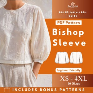 Puede incluir: Blusa color crema con mangas obispo y delicado bordado floral. La imagen incluye el texto "PDF Pattern Bishop Sleeve" y "XS - 4XL 16 Sizes". El diseño está etiquetado como "Beginner Friendly" e incluye patrones de bonificación.