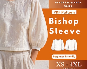 Bishop sleeve top sewing pattern pdf, woven blouse with gathered cuffs digital