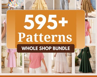 Pacchetto di oltre 595 cartamodelli PDF per donna, tra cui abiti, top, pantaloni, gonne e modelli per bambini.