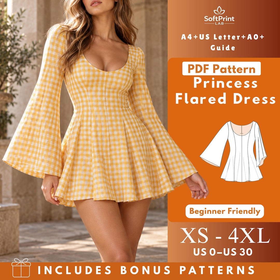 Mini Shell Bell Bell Sleeve Mini Dress PDF Sewing Pattern, Women's Princess Seam Flared ...