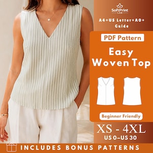 Cartamodello PDF per top senza maniche con scollo a V, blusa in tessuto morbido con scollo a V e rifiniture, taglie da donna XS-4XL.