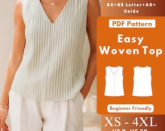 Sleeveless V Neck Top PDF Sewing Pattern, Woven Soft V Neck Blouse with Facings, Women XS-4XL