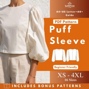 May include: A cream-colored puff sleeve top with a round neckline. The image includes a PDF pattern advertisement with the text "Puff Sleeve", "XS - 4XL", and "Beginner Friendly". The top is paired with light-colored pants.