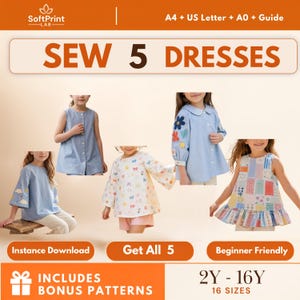 以下が含まれることがあります： SoftPrint LABによるデジタル縫製パターンセット「SEW 5 DRESSES」。A4、USレター、A0形式が含まれています。画像には、2歳から16歳までの子供向けの5種類のドレススタイルが表示されており、ノースリーブや長袖のデザインが含まれています。