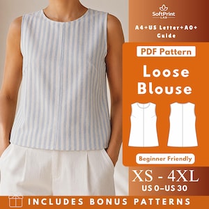 May include: A sleeveless blouse with a light blue and white vertical stripe pattern. The image includes text: SoftPrint LAB, A4+US Letter+A0+ Guide, PDF Pattern, Loose Blouse, Beginner Friendly, XS - 4XL, US 0-US 30, INCLUDES BONUS PATTERNS.