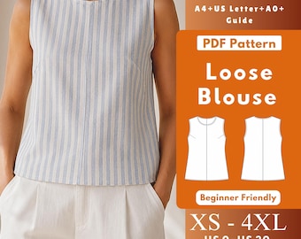 Mouwloze losse blouse pdf-naaipatroon, geweven top met ronde hals, zomertop dames digitaal patroon