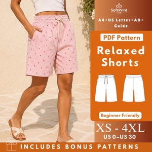 May include: A PDF sewing pattern for relaxed shorts featuring a white and red vertical striped fabric with small floral accents, an elastic waistband with a drawstring, and side pockets. The graphic includes text: SoftPrint LAB, A4+US Letter+A0+ Guide, PDF Pattern, Relaxed Shorts, Beginner Friendly, XS - 4XL, US 0-US 30, INCLUDES BONUS PATTERNS.