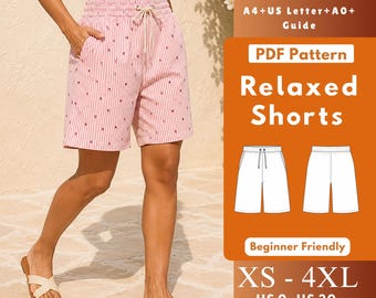 Cartamodello PDF per pantaloncini bermuda comodi, pantaloncini in lino con elastico in vita e coulisse, con tasche laterali, taglie dalla XS alla 4XL.