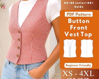 Button Front Vest Top PDF Sewing Pattern, Women’s Sleeveless Plunging V-Neck Fitted Woven Blouse XS–4XL