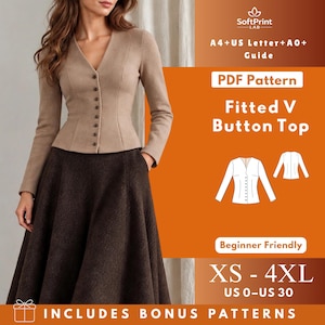 May include: A PDF sewing pattern for a fitted V-neck button-up top. The image displays a beige long-sleeve top with a front button closure and a dark brown skirt. Text includes SoftPrint LAB, Fitted V Button Top, XS-4XL, and US 0-US 30.