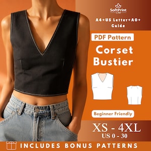 May include: A black sleeveless corset bustier top with a deep V-neckline and white contrast stitching, paired with light blue denim jeans. The image includes text: SoftPrint LAB, A4+US Letter+A0+ Guide, PDF Pattern, Corset Bustier, Beginner Friendly, XS-4XL, US 0-30, INCLUDES BONUS PATTERNS.