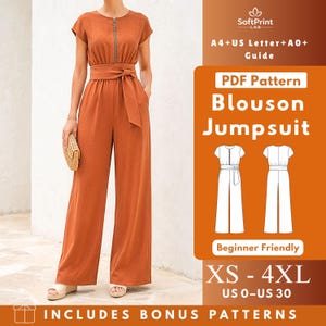 Blouson Jumpsuit PDF Sewing Pattern, Front Zipper Woven Jumpsuit with Sash Belt, Short Sleeves, Pockets, Women XS–4XL