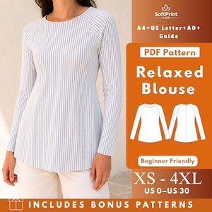 Raglan A-Line Top PDF Sewing Pattern, Knit Long Sleeve Tunic Blouse with Neck Facing & Zippers XS–4XL