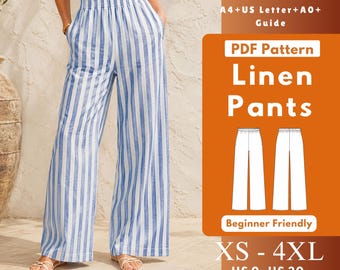 Wide Leg Pants PDF Sewing Pattern, High Rise Elastic Waist Linen Pants with In-Seam Pockets XS-4XL
