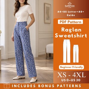 Puede incluir: Un patrón de costura digital para una sudadera Raglan de SoftPrint Lab. La imagen muestra una camiseta blanca y pantalones azules con estampado floral, dibujos técnicos de pantalones y texto que incluye A4+US Letter+A0+Guide, XS-4XL y US 0-US 30.