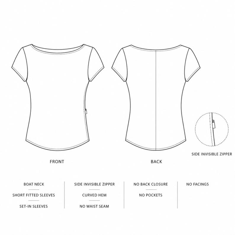 May include: A technical line drawing of a top showing front and back views. Features include a boat neck, short set-in sleeves, a curved hem, and a side invisible zipper. Text labels indicate no back closure, no pockets, no waist seam, and no facings.