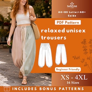 Può includere: Una donna indossa pantaloni unisex rilassati dai colori pastello. L'immagine include un grafico del modello PDF con il testo "relaxed unisex trousers", "Beginner Friendly" e la gamma di taglie "XS - 4XL". L'immagine include anche il testo "INCLUDES BONUS PATTERNS".