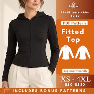 Può includere: Una felpa nera a maniche lunghe con cappuccio e cerniera, dal taglio aderente. L'immagine include il testo: SoftPrint LAB, A4+US Letter+A0+ Guide, PDF Pattern, Fitted Top, Beginner Friendly, XS - 4XL, US 0-US 30, e INCLUDES BONUS PATTERNS.