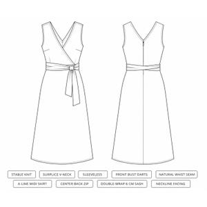 May include: A black and white technical fashion sketch of a sleeveless dress featuring a surplice V-neck, front bust darts, a natural waist seam, and an A-line midi skirt. The design includes a double-wrap 6 cm sash and a center back zip.