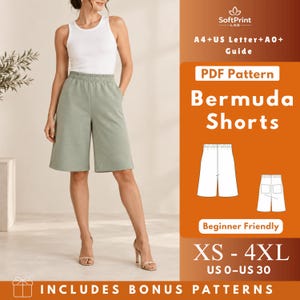May include: A digital PDF sewing pattern for Bermuda shorts, featuring a white tank top and sage green shorts. The graphic includes the text SoftPrint LAB, A4+US Letter+A0+ Guide, PDF Pattern Bermuda Shorts, Beginner Friendly, XS - 4XL, US 0-US 30.