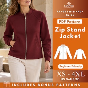Könnte beinhalten: Eine bordeauxrote Reißverschlussjacke mit Stehkragen und langen Ärmeln, neben einer digitalen Schnittmusteranleitung mit dem Text SoftPrint LAB, PDF Pattern, Zip Stand Jacket, Beginner Friendly, XS-4XL, US 0-US 30 und Includes Bonus Patterns.