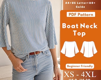 Boat Neck Top PDF Sewing Pattern, Relaxed Knit Blouse with 3/4 Flared Sleeves, Curved Hem, Side Zipper, Women XS–4XL