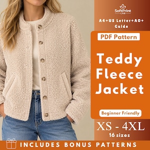 Peut inclure: Une veste en polaire teddy beige avec un col montant, des manches longues et une fermeture boutonnée. Le texte indique : SoftPrint LAB, A4+US Letter+A0+Guide, PDF Pattern, Teddy Fleece Jacket, Beginner Friendly, XS-4XL, 16 sizes, INCLUDES BONUS PATTERNS.