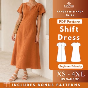 May include: A rust-coloured midi shift dress with short sleeves and a notched neckline. The image includes text: SoftPrint LAB, A4+US Letter+A0+ Guide, PDF Pattern Shift Dress, Beginner Friendly, XS-4XL, US 0-US 30, INCLUDES BONUS PATTERNS.
