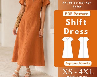A Line Dress PDF Sewing Pattern, Deep Round Neck Midi Dress with Short Flared Sleeves, Back Zipper XS-4XL