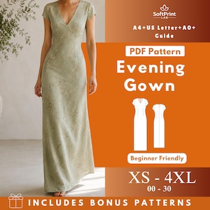 Könnte beinhalten: Ein bodenlanges Abendkleid in Salbeigrün mit V-Ausschnitt und kurzen Ärmeln, versehen mit einem dezenten Blumenmuster. Das Bild enthält den Text: SoftPrint LAB, A4+US Letter+A0+ Guide, PDF Pattern Evening Gown, Beginner Friendly, XS-4XL, 00-30.