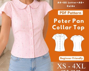 Peter Pan kraag top pdf naaipatroon, aansluitende blouse met knoopsluiting aan de voorkant met korte uitlopende mouwen XS-4XL