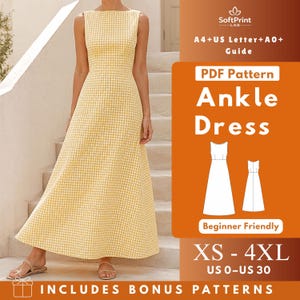May include: A sleeveless ankle-length dress with a yellow and white gingham pattern, featuring a fitted bodice and a flared skirt. The image includes text: SoftPrint LAB, A4+US Letter+A0+ Guide, PDF Pattern Ankle Dress, Beginner Friendly, XS-4XL, US 0-US 30, INCLUDES BONUS PATTERNS.