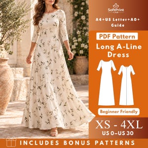 May include: A long A-line dress with three-quarter sleeves and a white fabric featuring a delicate dark floral pattern. The image includes text: SoftPrint LAB, A4+US Letter+A0+ Guide, PDF Pattern, Long A-Line Dress, Beginner Friendly, XS-4XL, US 0-US 30.