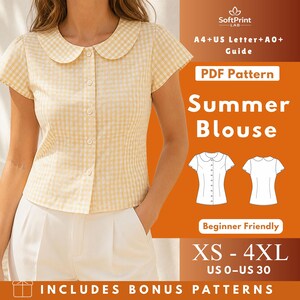 Könnte beinhalten: Eine gelb-weiß karierte Bluse mit abgerundetem Bubikragen, kurzen Ärmeln und einer Knopfleiste vorne. Das Bild enthält den Text: SoftPrint LAB, A4+US Letter+A0+ Guide, PDF Pattern, Summer Blouse, Beginner Friendly, XS-4XL, US 0-US 30.
