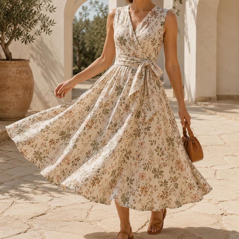 K&ouml;nnte beinhalten: Ein &auml;rmelloses Midikleid aus cremefarbenem Stoff mit einem zarten Blumenmuster in Gr&uuml;n-, Braun- und zarten Rosat&ouml;nen. Das Kleid hat einen V-Ausschnitt, ein Oberteil im Wickelstil und ein Taillenband, das seitlich mit einer Schleife gebunden wird.