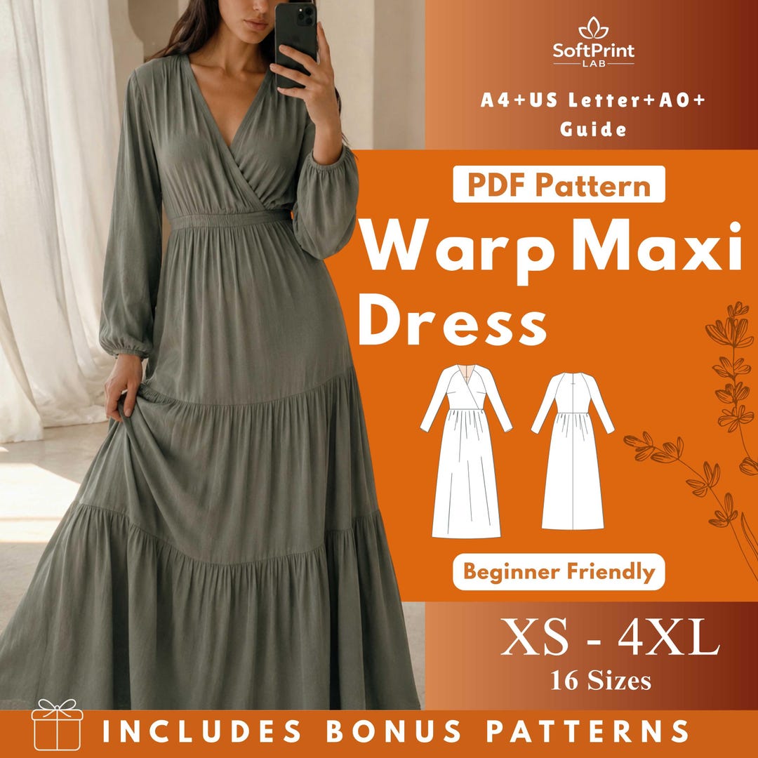 Wrap Maxi Dress Sewing Pattern, Long Sleeve Tiered Gown (PDF Download ...