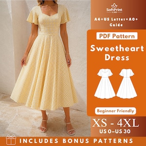 Op de afbeelding: Een PDF-naaipatroon voor een jurk met een hartvormige halslijn en een geel-witte gingham-ruit. Het patroon bevat A4-, US Letter- en A0-formaten, voor maten XS tot 4XL of US 0 tot 30. Het ontwerp heeft vlindermouwen en een wijde rok.