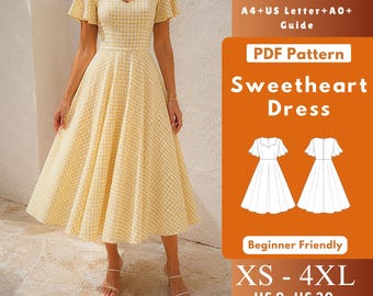 Sweetheart midi-jurk pdf naaipatroon, volledig cirkelgebreide jurk met uitlopende mouwen, dames XS-4XL