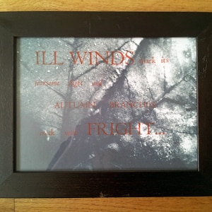 May include: A framed black and white photograph of a tree with the text "ILL WINDS mark its fearsome fight and AUTUMN BRANCHES break with FRIGHT..." printed in red.