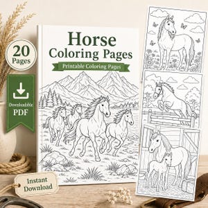 May include: A digital collection of 20 horse colouring pages in a printable PDF format. The cover features a line art illustration of horses running in a mountain landscape, with the text Horse Colouring Pages and Printable Colouring Pages.