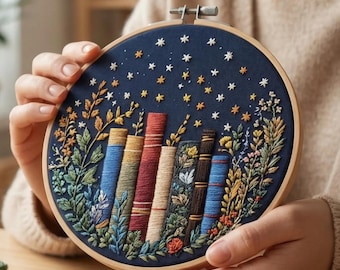 Starry Night Books Embroidery Kit | Beginner Needlepoint | Celestial Hoop Art | Beginner Embroidery Kit | DIY Craft for Beginners