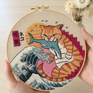 Kit de bordado Gato Monstruo / Kit de bordado para principiantes / Kit de bordado para principiantes / Bordado de estética moderna / Kit de manualidades DIY