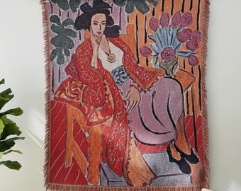Boho Woman Portrait Wall Hanging Décor | Vintage Art Woven Tapestry Blanket | Warm Retro Throw | Henri Matisse Inspired Art | Unique Decor