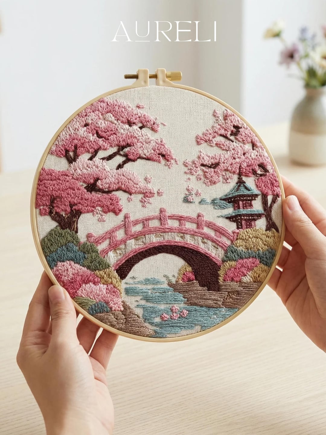 Japanese Bridge Cherry Blossom Embroidery Kit | Beginner DIY Embroidery ...