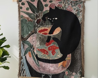 Black Cat with Goldfish Tapestry Blanket | Woven Cozy Wall Hanging | Cat Art | Gift for Cat lovers | Unique Home Décor | Wall Decor