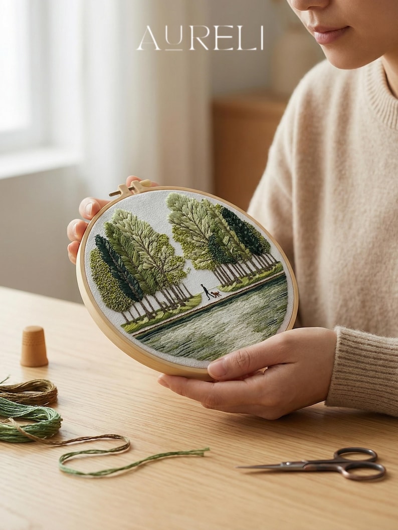 Embroidered Park Landscape Embroidery Kit | Scenic Tree Walk Hand ...